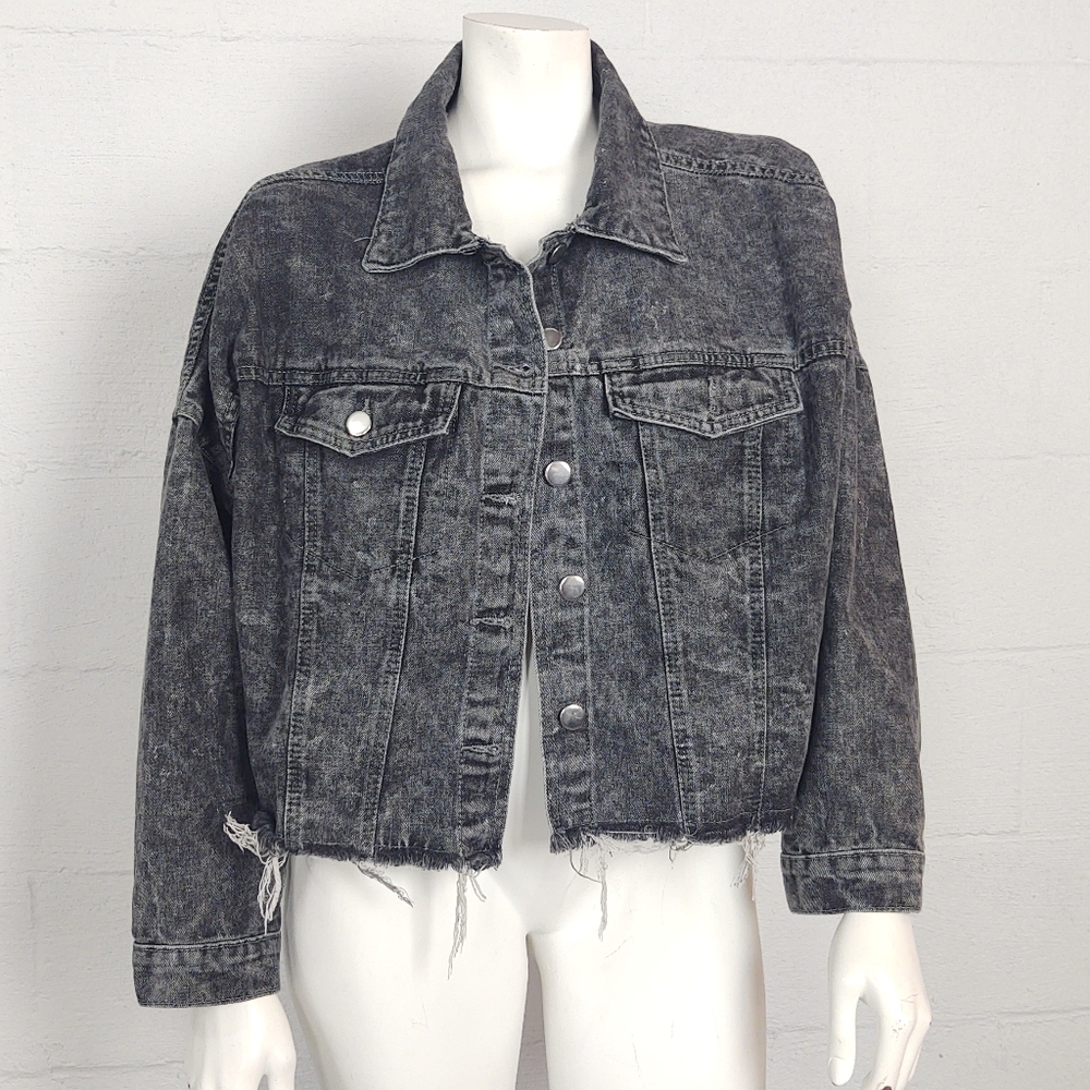 Vintage Excuse Distressed Cut Cropped Jean Jacket